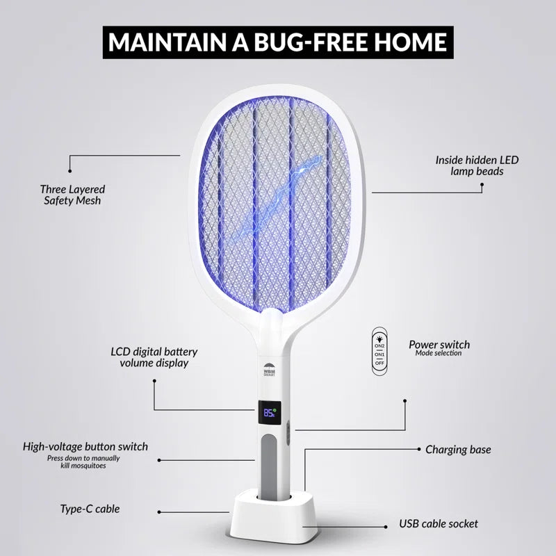 Electric Bug Zapper, Mosquitoes Trap Lamp, Instant Fly Swatter Rechargeable Racket for Indoor and Outdoor