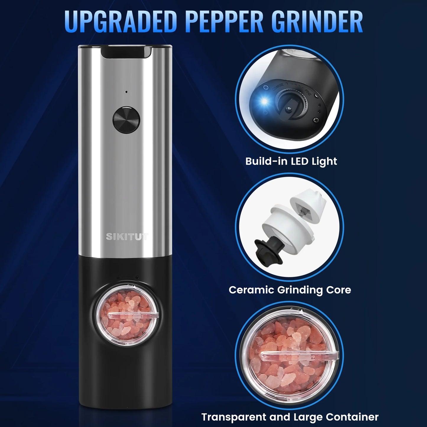 Electric Salt and Pepper Grinder Set with Type-C Charging Base, Automatic Pepper Mill Grinder Refillable Set, Rechargeable, Adjustable Coarseness, One Handed Operation, LED Light, 2 Pack