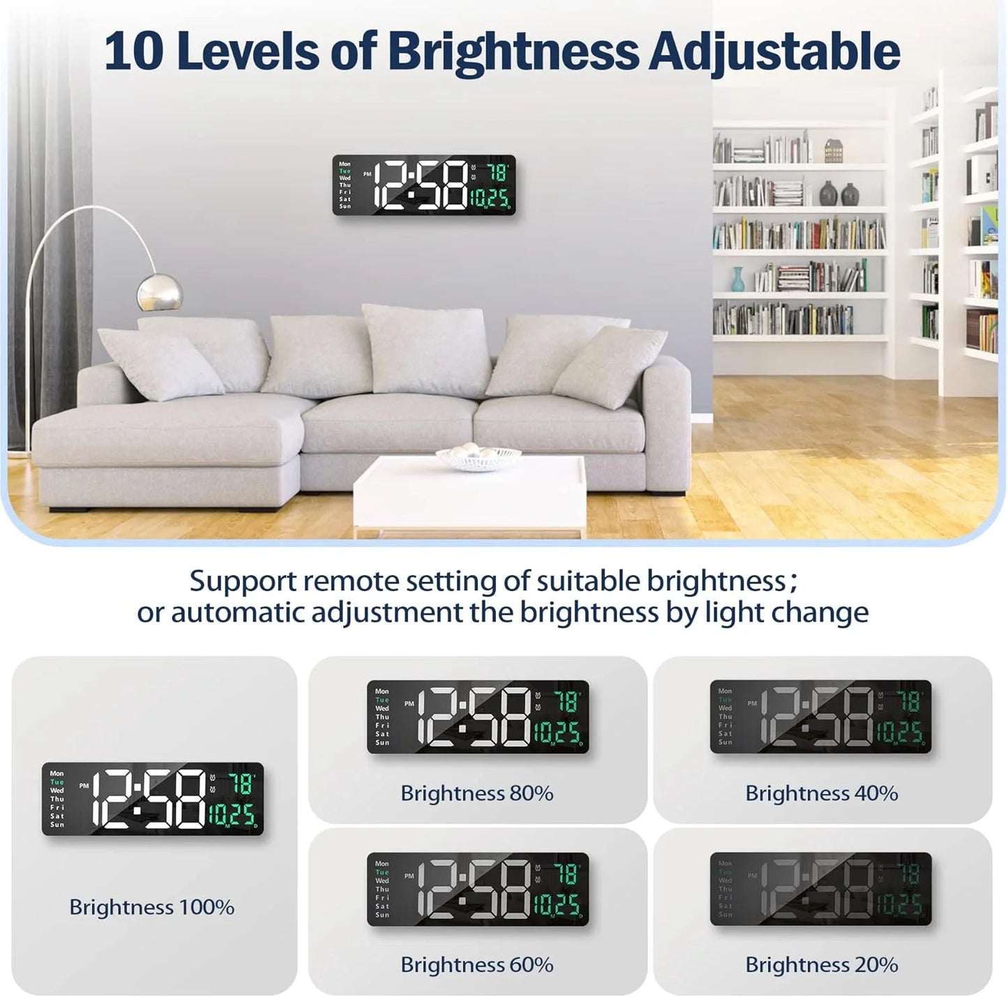 Large Digital Wall Clock with Remote Control, 16.2 Inch LED Digital Clock for Home Living Room Decor, Automatic Brightness Dimmer with Date Week Temperature