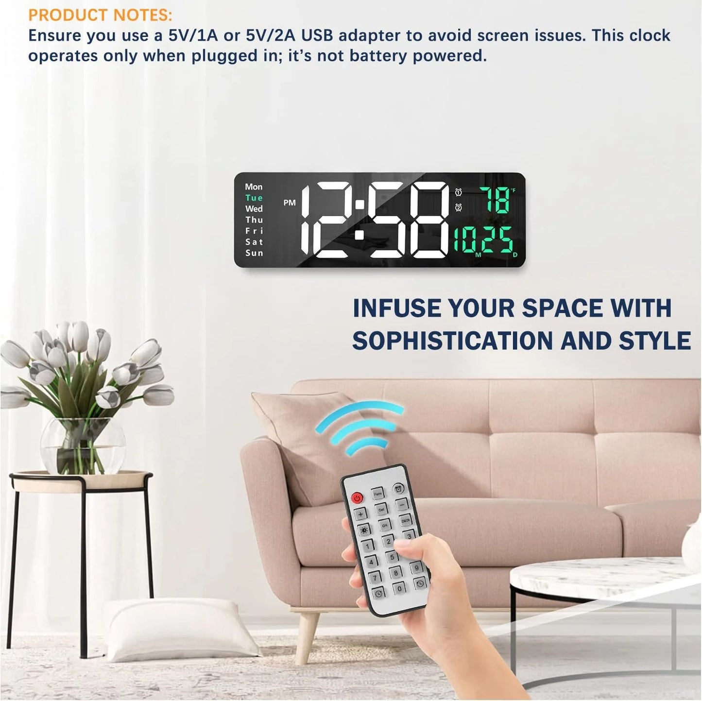 Large Digital Wall Clock with Remote Control, 16.2 Inch LED Digital Clock for Home Living Room Decor, Automatic Brightness Dimmer with Date Week Temperature