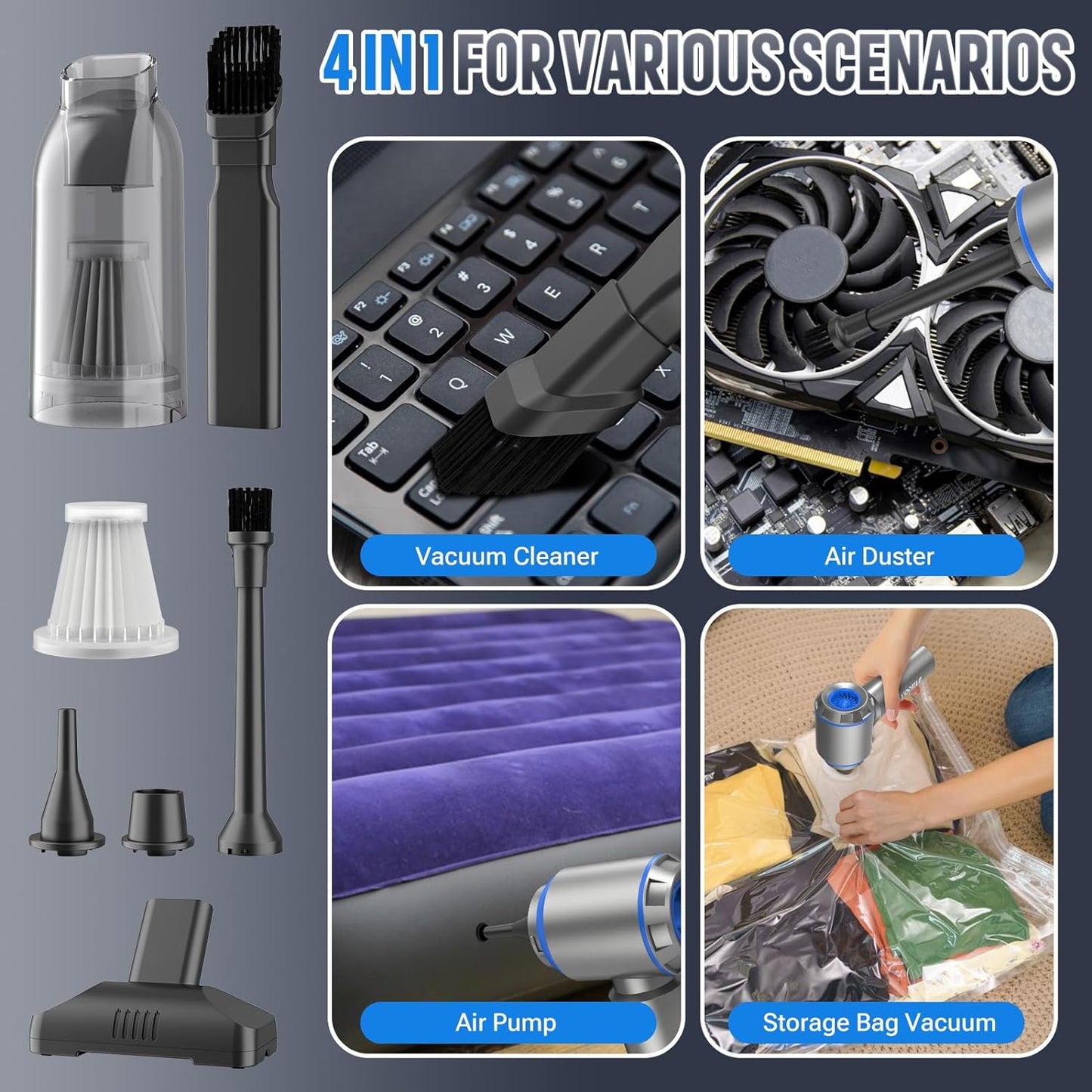 Mini Vacuum Cleaner, 2 in 1 21000PA Brushless Car Vacuum &210000RPM Air Duster 9000Mah Battery Air Blower Wireless Handheld Vacuum for Car,Office and Home Cleaning