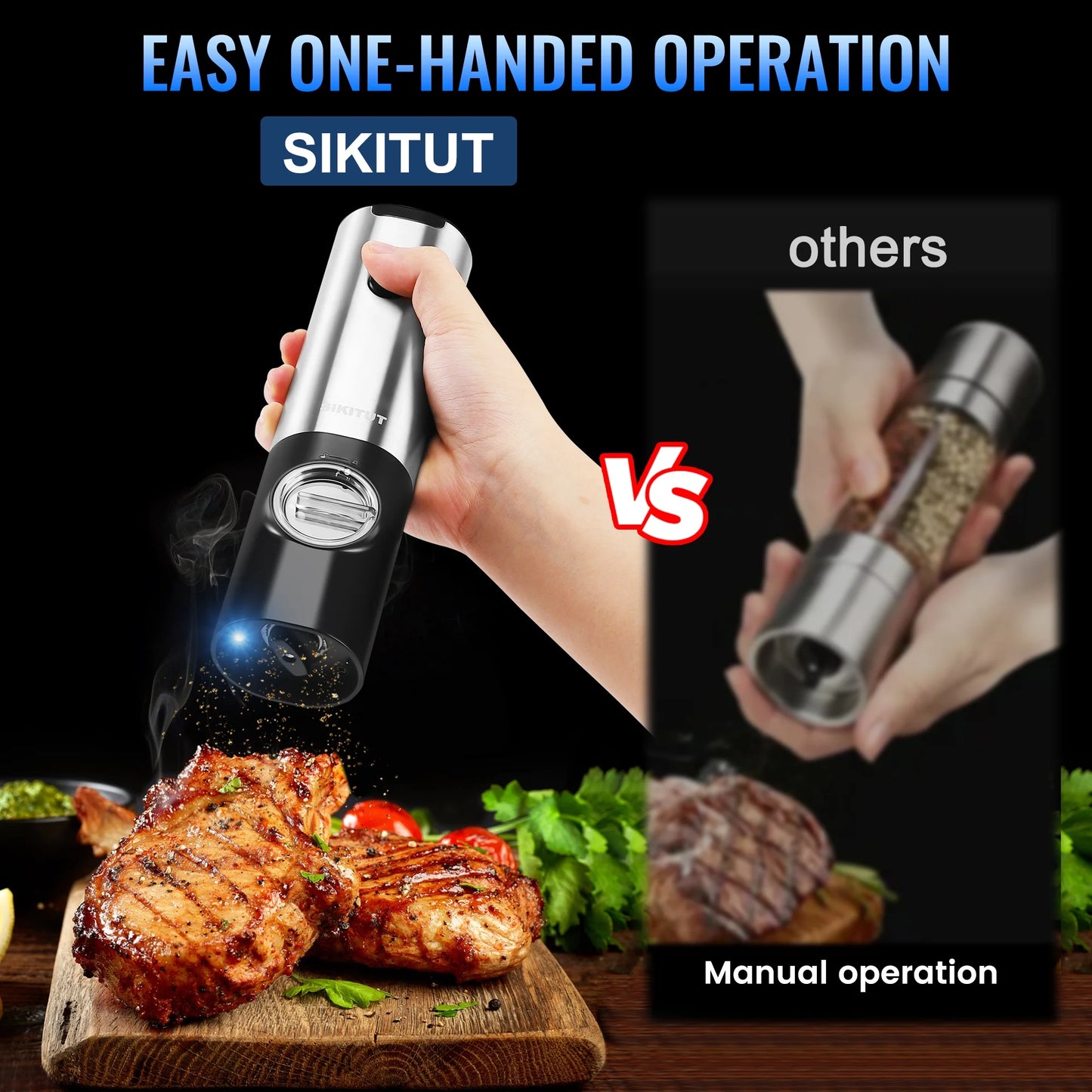 Electric Salt and Pepper Grinder Set with Type-C Charging Base, Automatic Pepper Mill Grinder Refillable Set, Rechargeable, Adjustable Coarseness, One Handed Operation, LED Light, 2 Pack