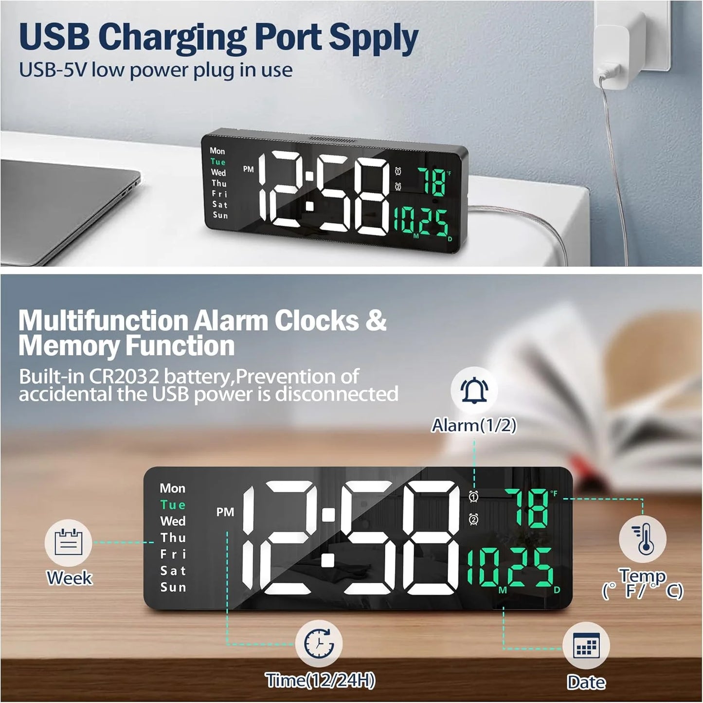 Large Digital Wall Clock with Remote Control, 16.2 Inch LED Digital Clock for Home Living Room Decor, Automatic Brightness Dimmer with Date Week Temperature