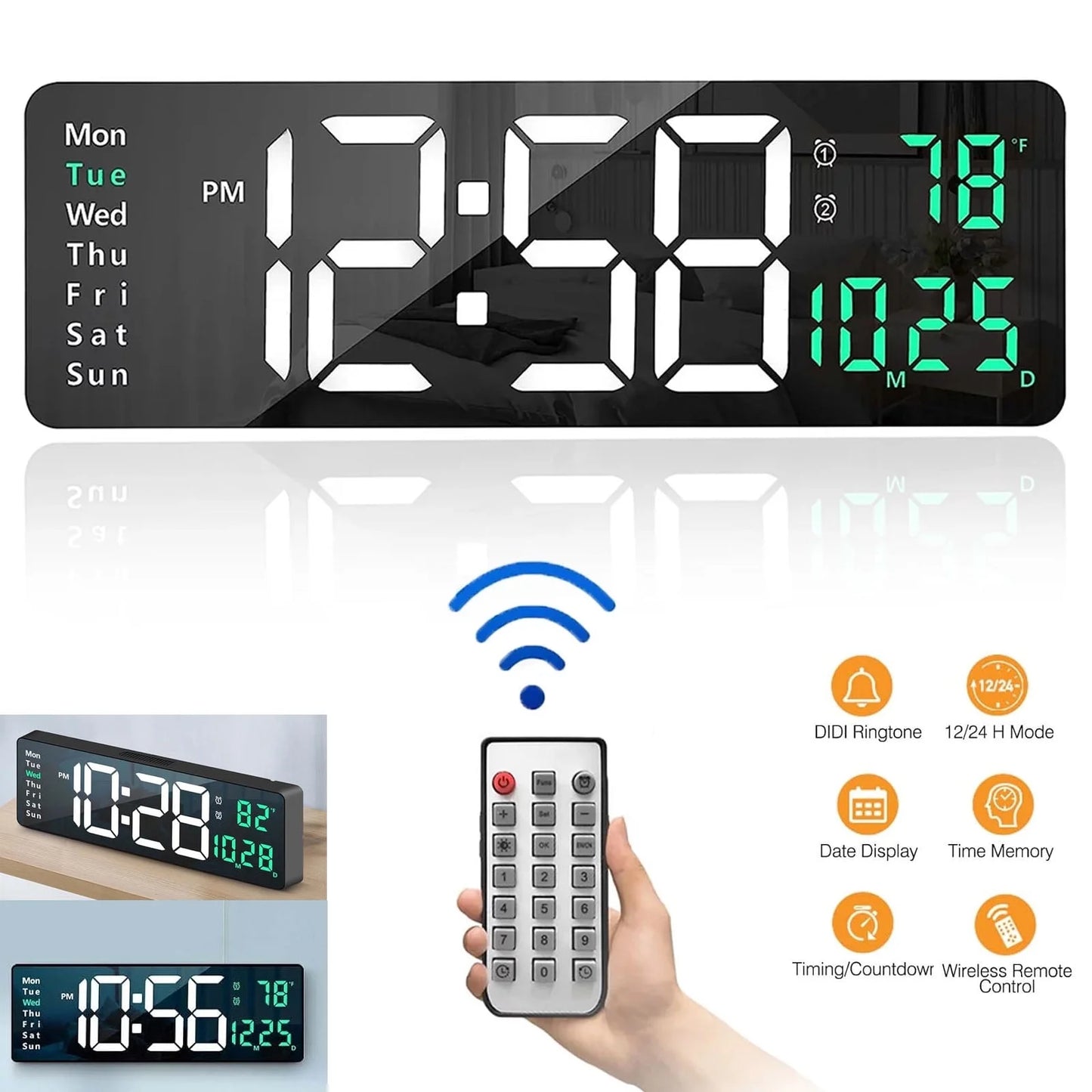 Large Digital Wall Clock with Remote Control, 16.2 Inch LED Digital Clock for Home Living Room Decor, Automatic Brightness Dimmer with Date Week Temperature