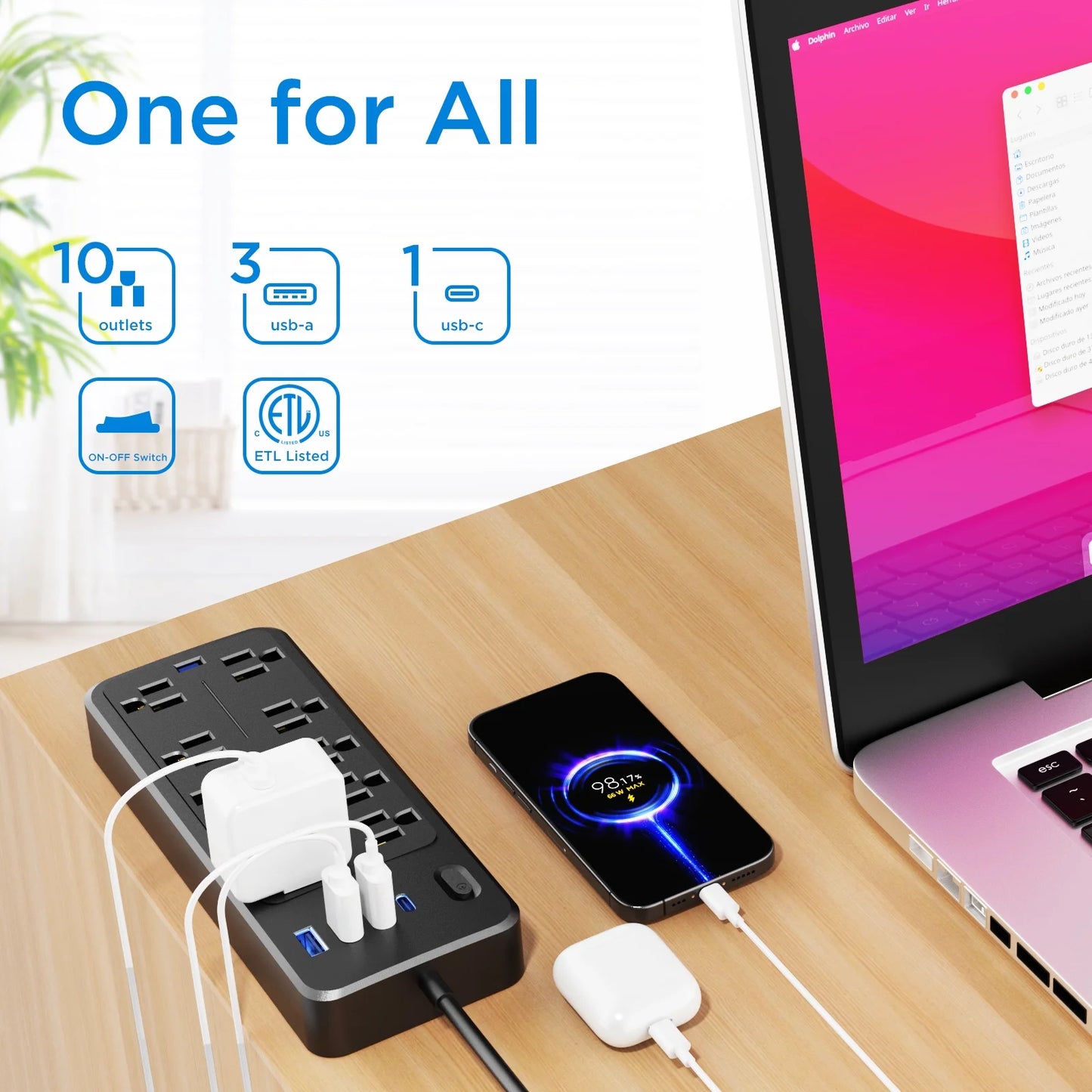 10 Outlets Power Strip 4Ft Cord,Surge Protector,With 4 USB Ports,Black,2 Pack