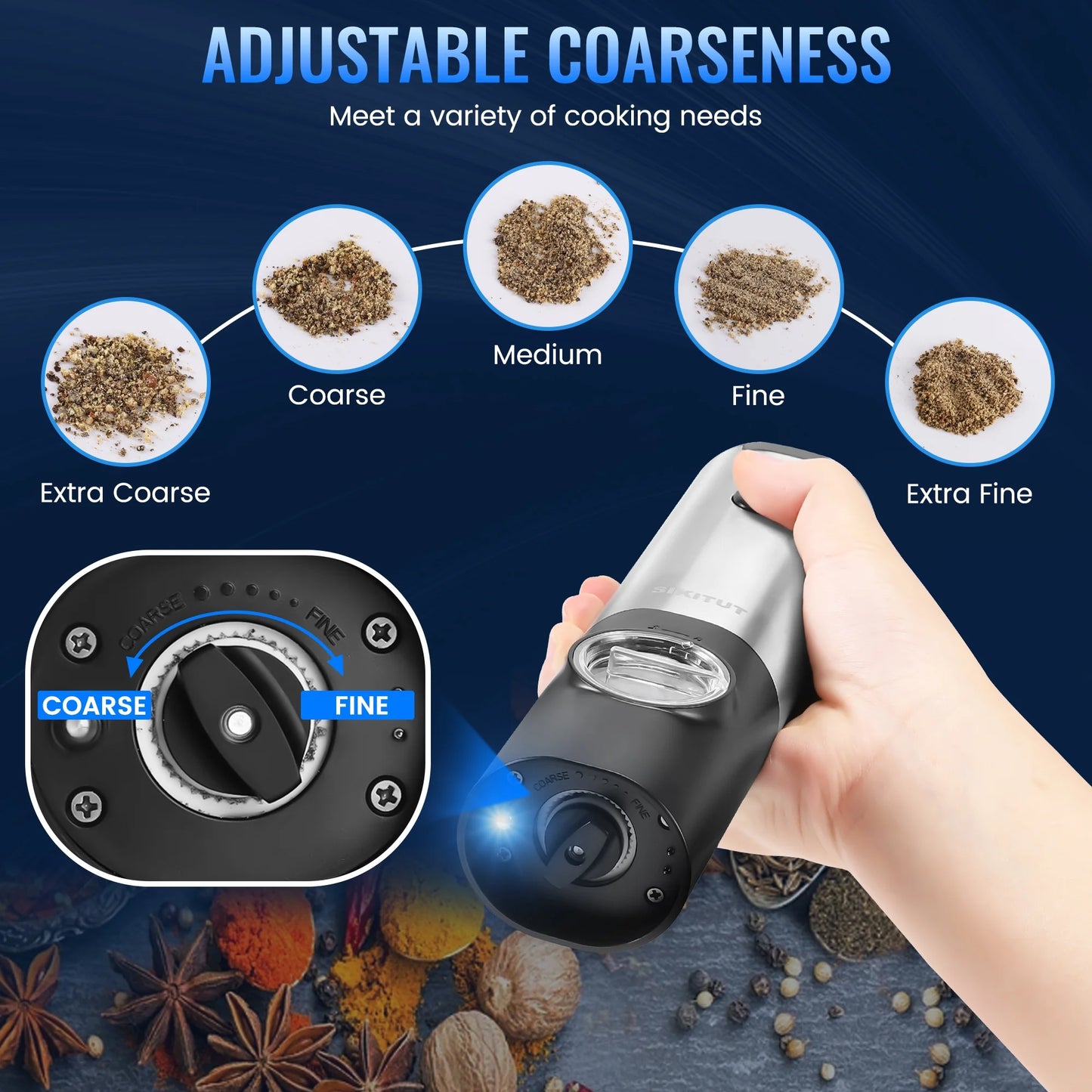 Electric Salt and Pepper Grinder Set with Type-C Charging Base, Automatic Pepper Mill Grinder Refillable Set, Rechargeable, Adjustable Coarseness, One Handed Operation, LED Light, 2 Pack