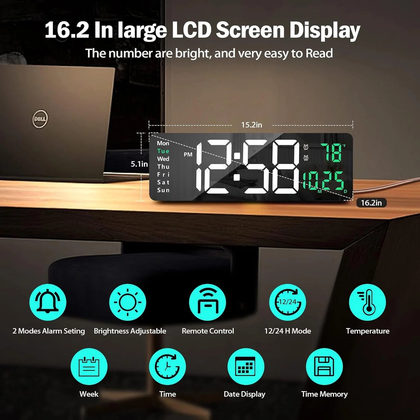 Large Digital Wall Clock with Remote Control, 16.2 Inch LED Digital Clock for Home Living Room Decor, Automatic Brightness Dimmer with Date Week Temperature