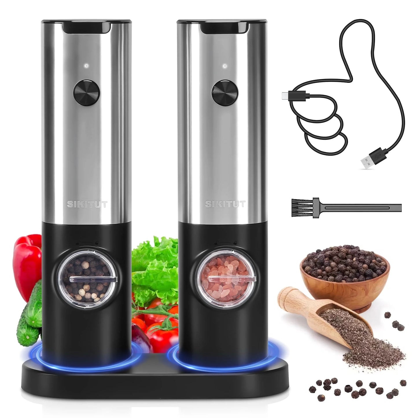 Electric Salt and Pepper Grinder Set with Type-C Charging Base, Automatic Pepper Mill Grinder Refillable Set, Rechargeable, Adjustable Coarseness, One Handed Operation, LED Light, 2 Pack