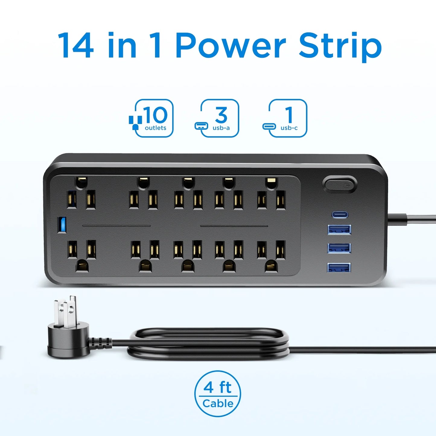 10 Outlets Power Strip 4Ft Cord,Surge Protector,With 4 USB Ports,Black,2 Pack