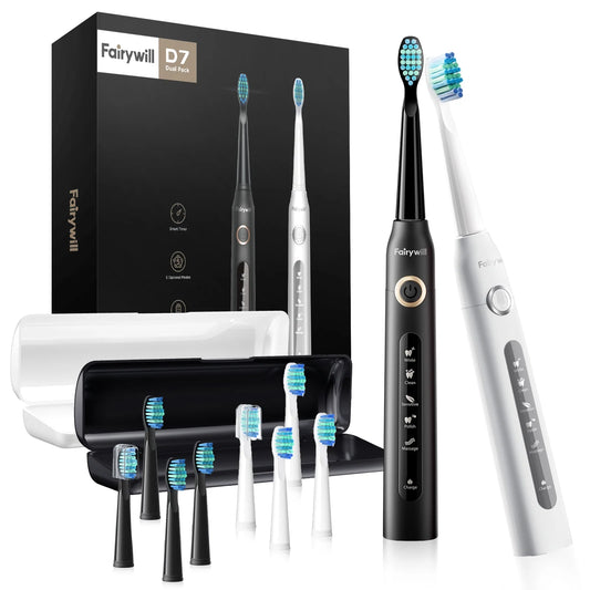 2Packs Electric Toothbrush for Adult,Sonic Toothbrushs Set with 2 Travel Case 5 Modes 8 Replaceable Heads 2 Minutes Smart Timer IPX7 Waterproof,Black & White