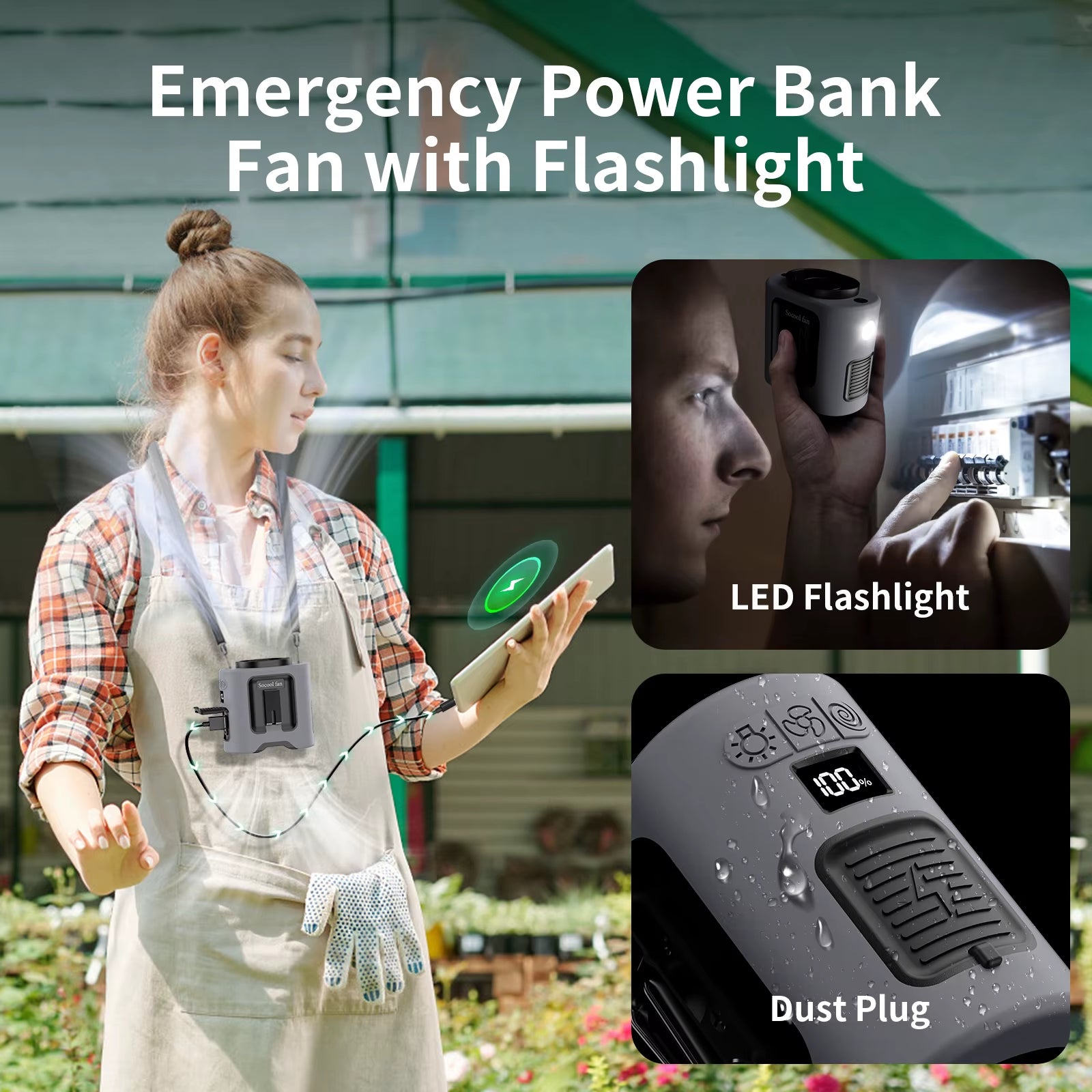 Socool 14500Mah Waist Fan Portable Hanging Neck Fan Storm Wind with 360° Rotating Clip Phone Charging Light for Outdoor Working