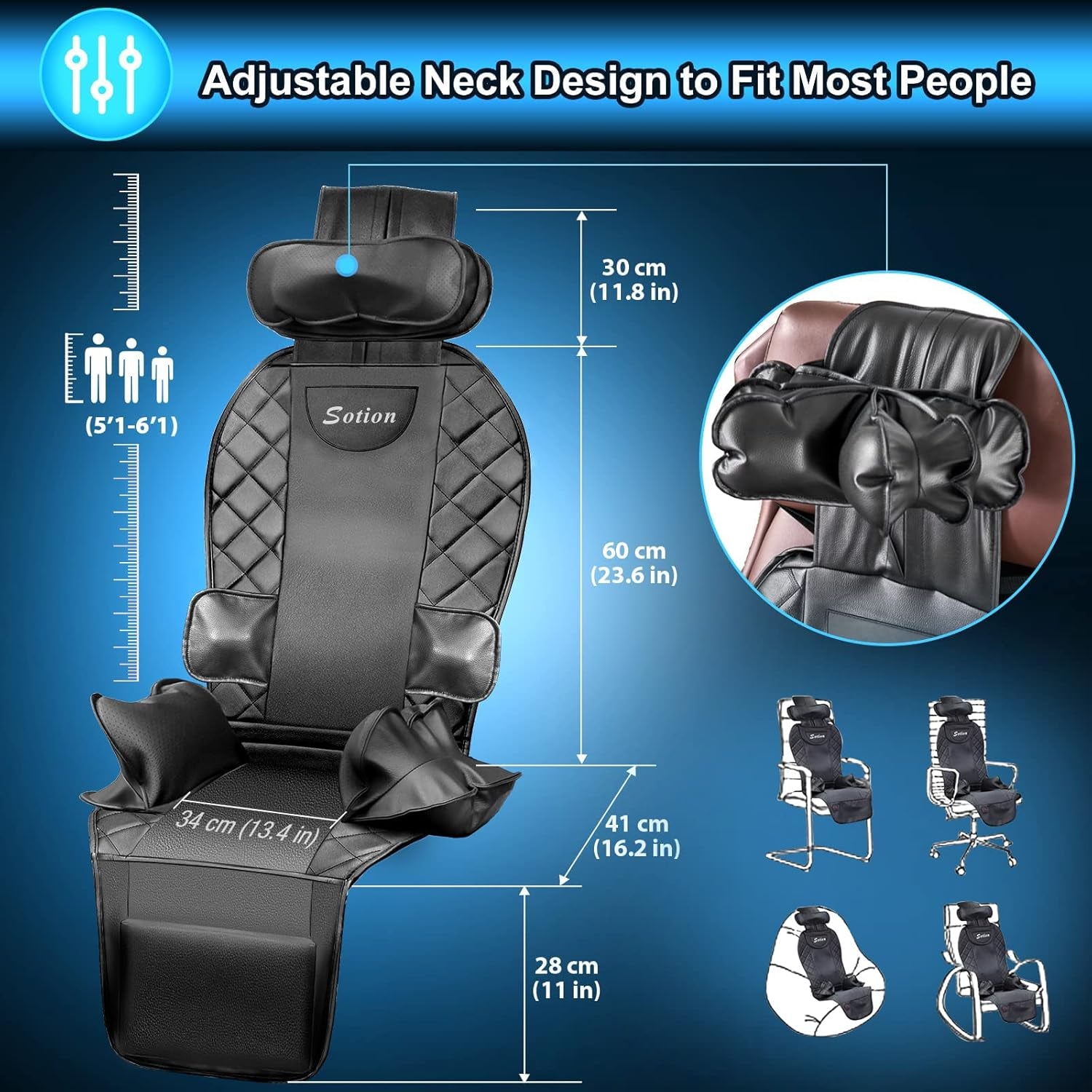 Back Massager with Heat, Vibrating Massage Chair Pad for Home or Office Use, Height Adjustable Massage Seat Helps Relieve Stress and Fatigue for Neck, Back, Waist and HIPS