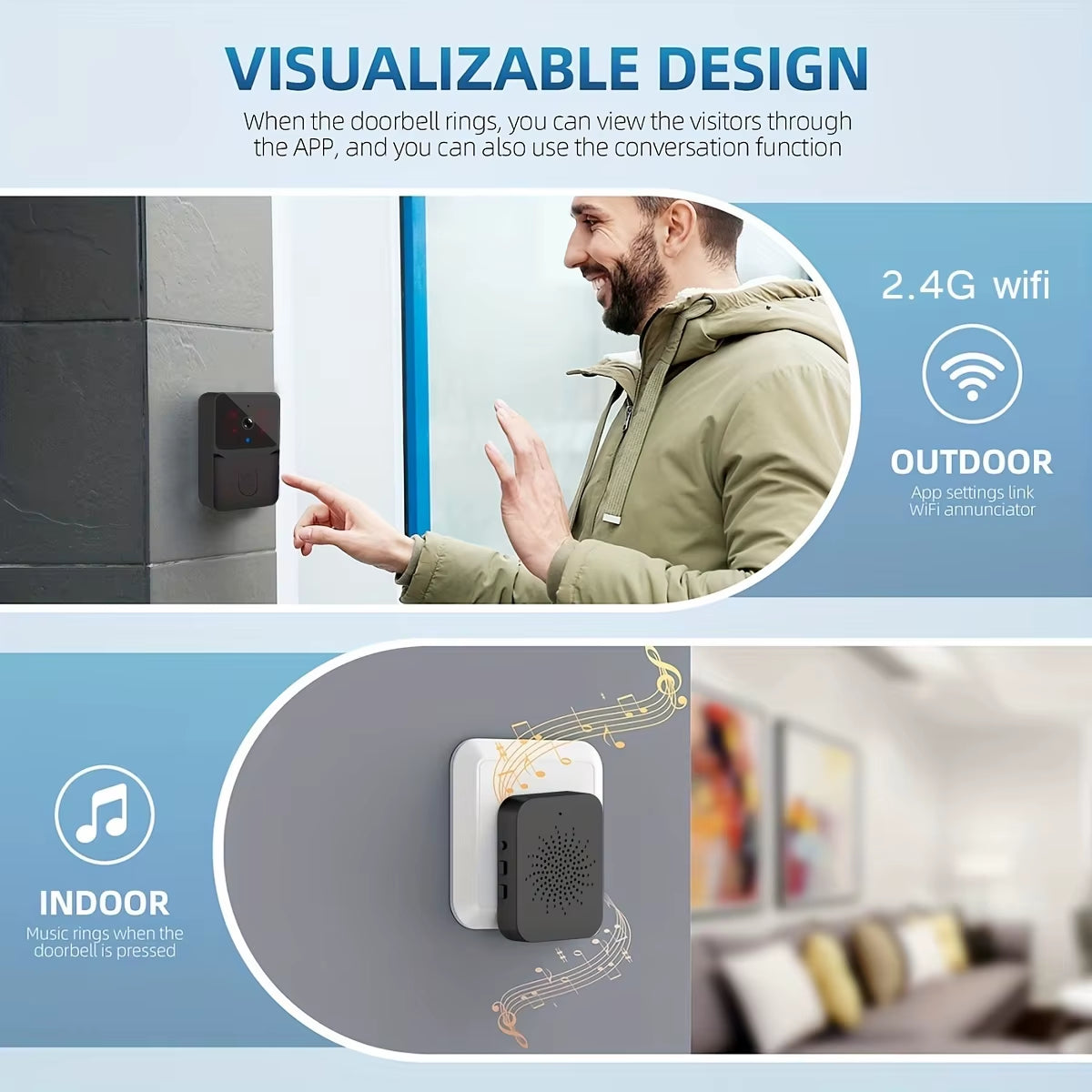 Tuya Wireless Smart Video Doorbell, 2.4G Wifi Home Security Camera, 2-Way Audio, Night Vision, Battery, Secure Home Monitoring
