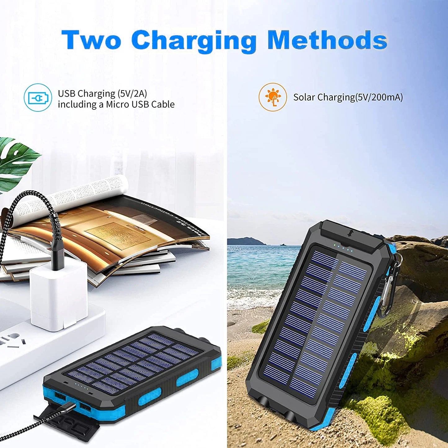 20000Mah Solar Charger for Cell Phone Iphone, Portable Solar Power Bank with Dual 5V USB Ports, 2 LED Light Flashlight, Compass Battery Pack for Outdoor Camping Hiking (Blue)