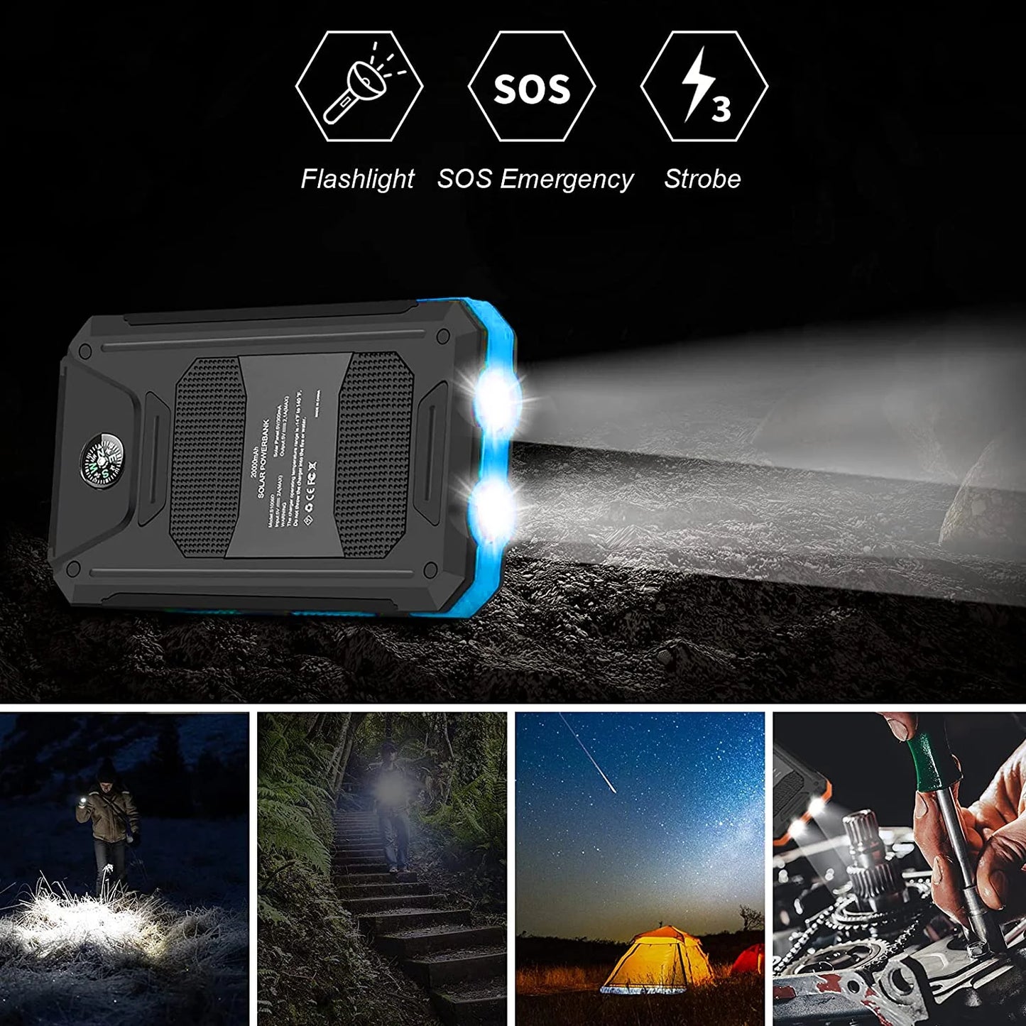 20000Mah Solar Charger for Cell Phone Iphone, Portable Solar Power Bank with Dual 5V USB Ports, 2 LED Light Flashlight, Compass Battery Pack for Outdoor Camping Hiking (Blue)