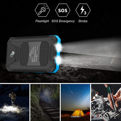 20000Mah Solar Charger for Cell Phone Iphone, Portable Solar Power Bank with Dual 5V USB Ports, 2 LED Light Flashlight, Compass Battery Pack for Outdoor Camping Hiking (Blue)