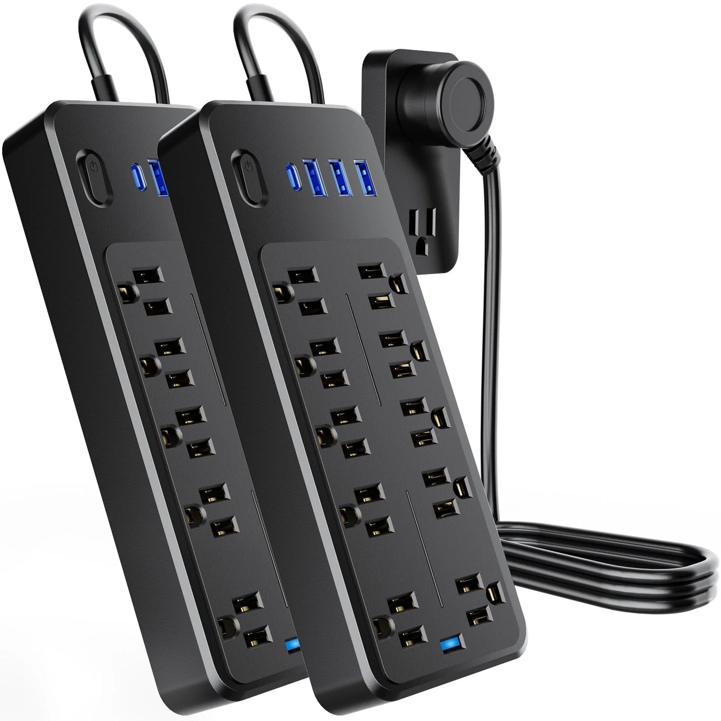 10 Outlets Power Strip 4Ft Cord,Surge Protector,With 4 USB Ports,Black,2 Pack
