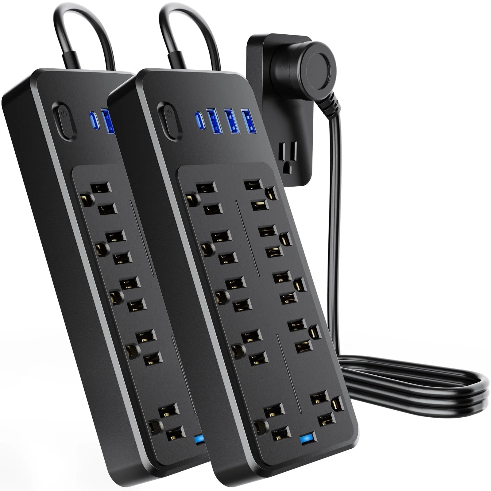 10 Outlets Power Strip 4Ft Cord,Surge Protector,With 4 USB Ports,Black,2 Pack