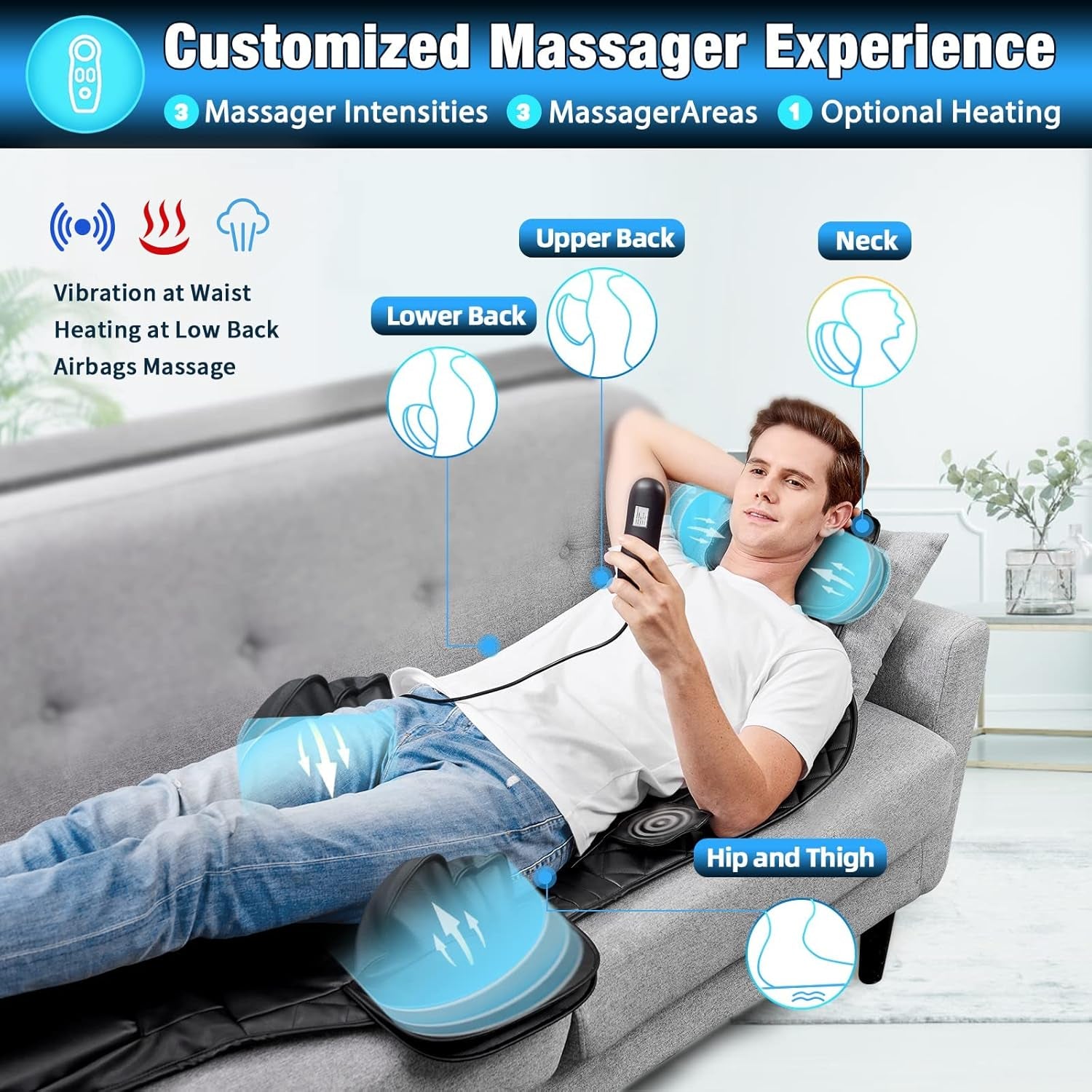 Back Massager with Heat, Vibrating Massage Chair Pad for Home or Office Use, Height Adjustable Massage Seat Helps Relieve Stress and Fatigue for Neck, Back, Waist and HIPS