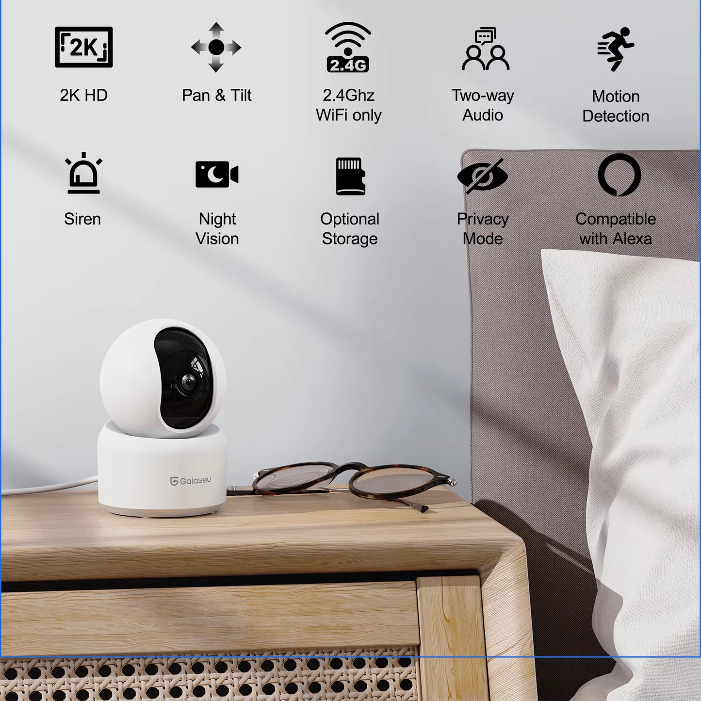 2K Indoor Security Camera, 360 Degree 2.4G Wifi Camera for Baby/Elder/Nanny with 24/7 SD Card Storage, Works with Alexa