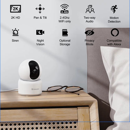 2K Indoor Security Camera, 360 Degree 2.4G Wifi Camera for Baby/Elder/Nanny with 24/7 SD Card Storage, Works with Alexa