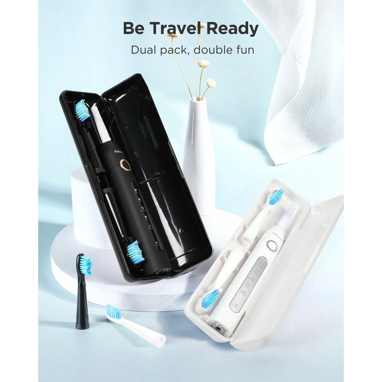 2Packs Electric Toothbrush for Adult,Sonic Toothbrushs Set with 2 Travel Case 5 Modes 8 Replaceable Heads 2 Minutes Smart Timer IPX7 Waterproof,Black & White
