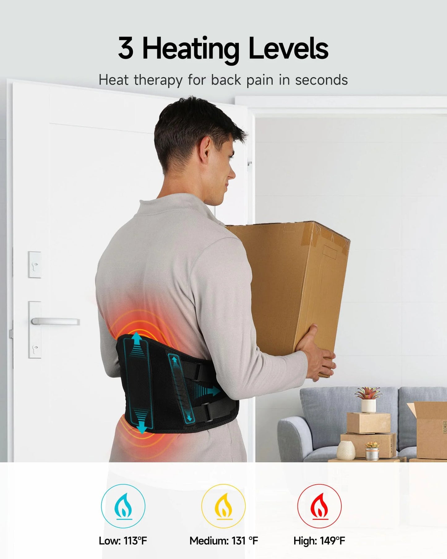 Cordless Heating Pad Lower Back Brace Massager with Heat - Rechargeable Heating Belt, 3 Heating Levels & 5 Massage Mode, Gifts, 53Inch (Black)