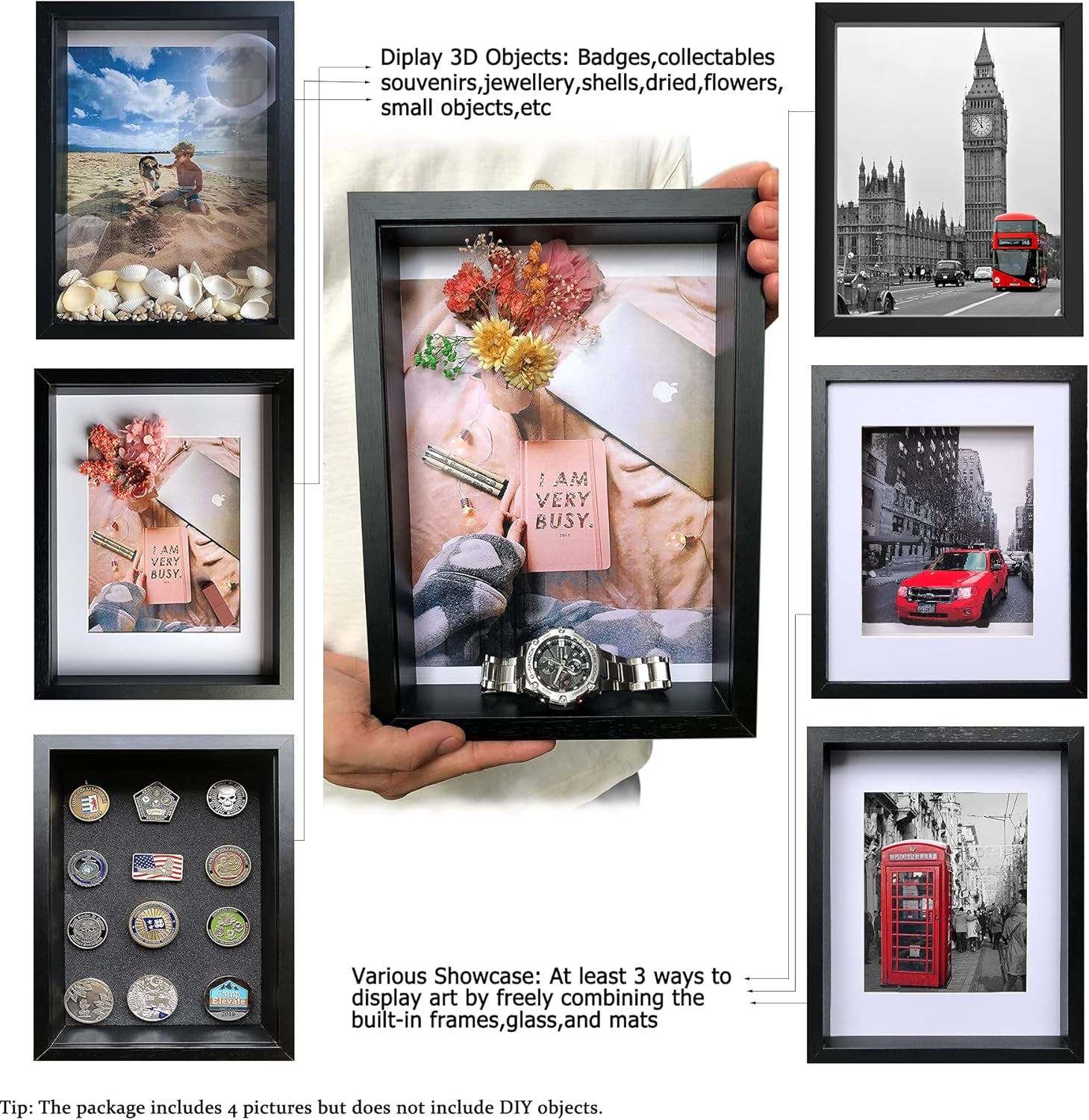11X14 Shadow Box Picture Frames 4 Pack, Wooden Display Cases with Linen Board, Use as 9X12 Frame with Mat or 11X14 without Mat, 1.0" Interior Depth for Flowers Memorabilia Collectibles, Black