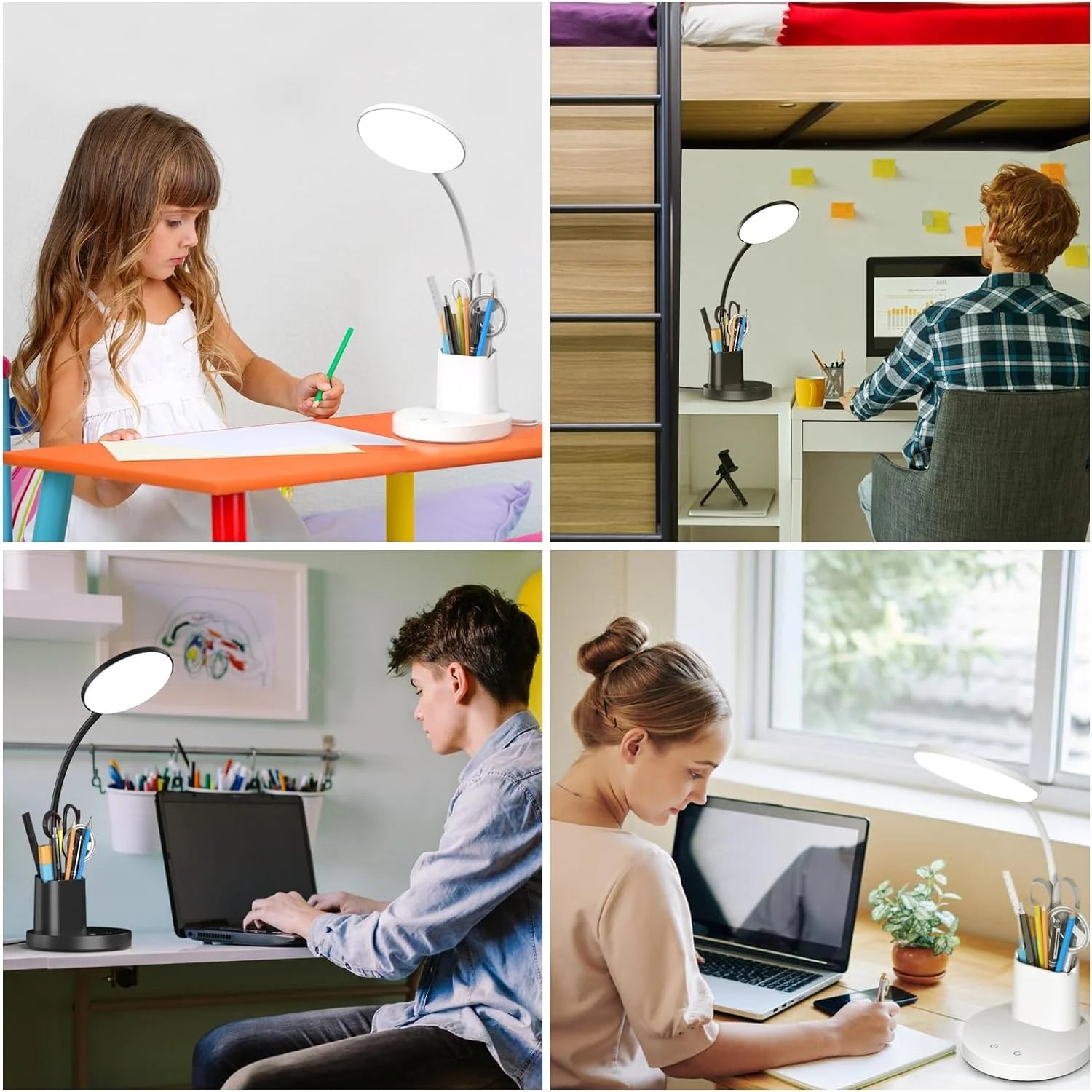 Small Desk Lamp for Kids, LED Desk Lamps with Pen Phone Holder, White Desk Light for Home Office,8W 3 Modes Dimmable LED Desk Light for Kids, Desktop Study Lamps for Bedrooms