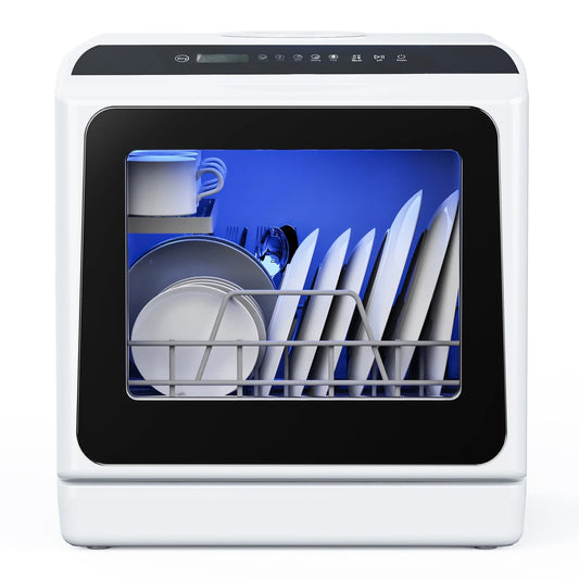 Portable Mini Dishwasher Countertop with 5-Liter Built-In Water Tank and Air-Dry Function, 5 Washing Programs, 4 Place Setting