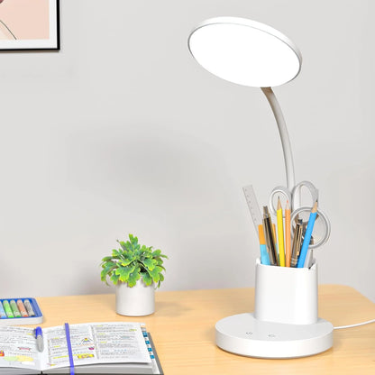 Small Desk Lamp for Kids, LED Desk Lamps with Pen Phone Holder, White Desk Light for Home Office,8W 3 Modes Dimmable LED Desk Light for Kids, Desktop Study Lamps for Bedrooms