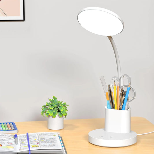 Small Desk Lamp for Kids, LED Desk Lamps with Pen Phone Holder, White Desk Light for Home Office,8W 3 Modes Dimmable LED Desk Light for Kids, Desktop Study Lamps for Bedrooms