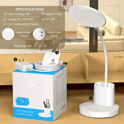 Small Desk Lamp for Kids, LED Desk Lamps with Pen Phone Holder, White Desk Light for Home Office,8W 3 Modes Dimmable LED Desk Light for Kids, Desktop Study Lamps for Bedrooms
