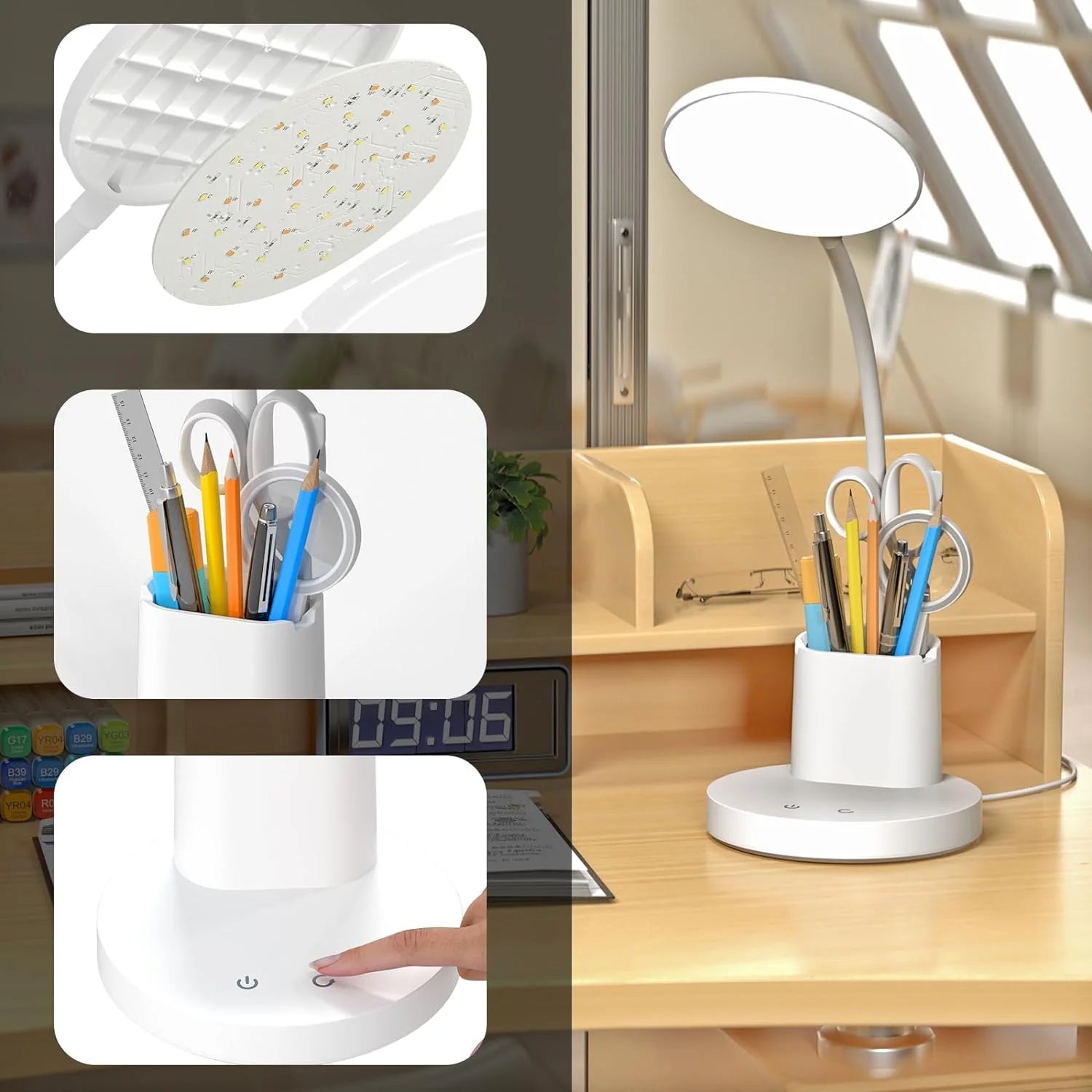 Small Desk Lamp for Kids, LED Desk Lamps with Pen Phone Holder, White Desk Light for Home Office,8W 3 Modes Dimmable LED Desk Light for Kids, Desktop Study Lamps for Bedrooms