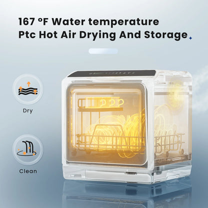 Portable Mini Dishwasher Countertop with 5-Liter Built-In Water Tank and Air-Dry Function, 5 Washing Programs, 4 Place Setting