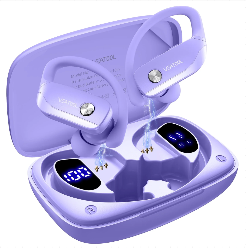 VEAT00L: Wireless Earbuds Bluetooth Headphone Sport, Bluetooth 5.4 Earbud, 72Hrs Earphone with Earhook, Noise Cancelling Mic, IP7 Waterproof Headset for Workout/Running