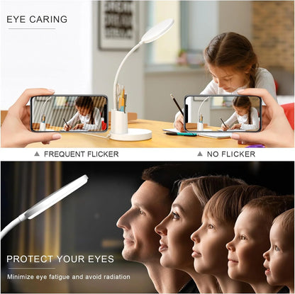 Small Desk Lamp for Kids, LED Desk Lamps with Pen Phone Holder, White Desk Light for Home Office,8W 3 Modes Dimmable LED Desk Light for Kids, Desktop Study Lamps for Bedrooms