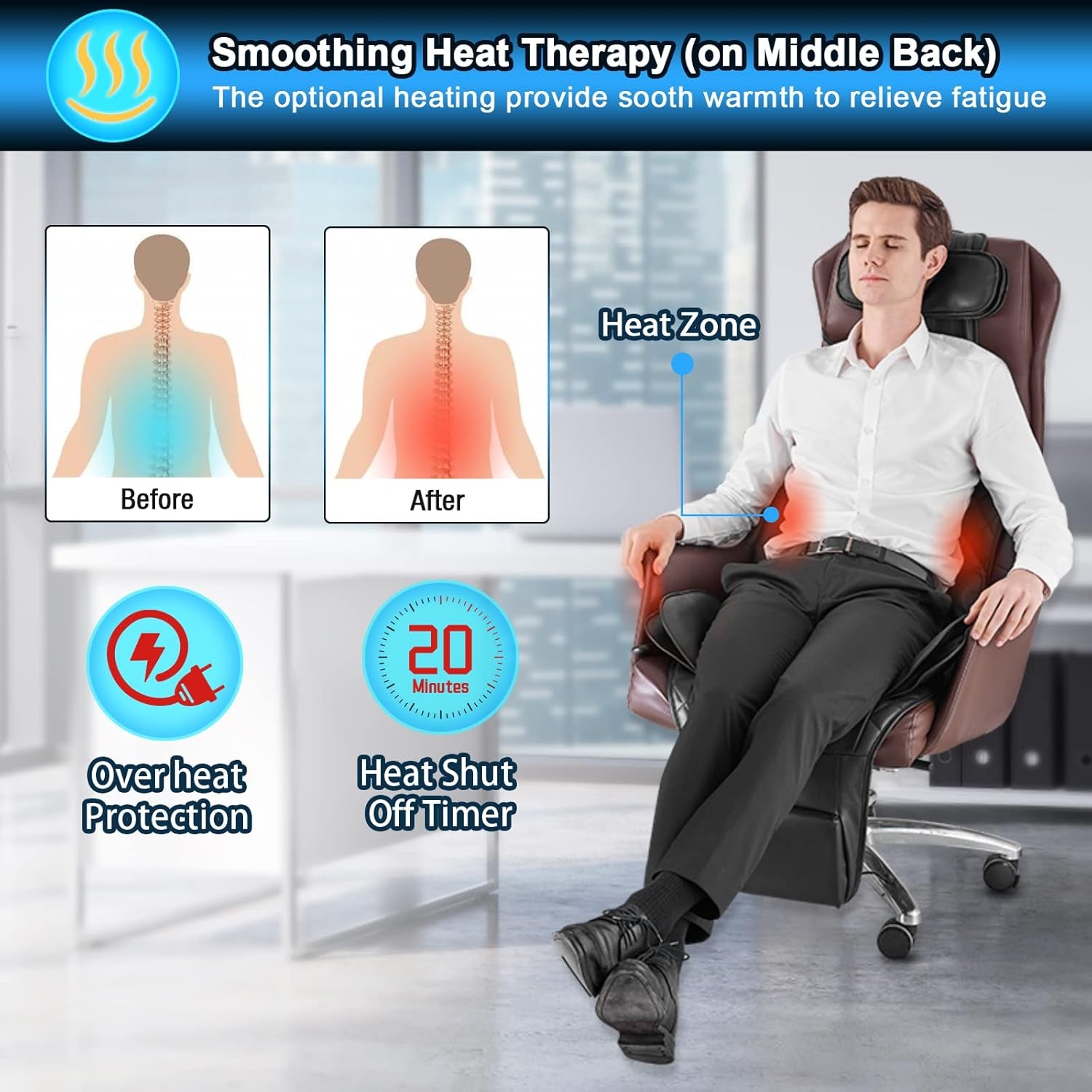 Back Massager with Heat, Vibrating Massage Chair Pad for Home or Office Use, Height Adjustable Massage Seat Helps Relieve Stress and Fatigue for Neck, Back, Waist and HIPS