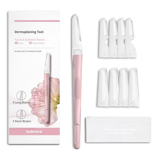 Face Razors for Women, Dermaplane Razor for Women Face, Eyebrow Razor, Facial Razors, Dermaplaning Tool, Reusable Metal Handle with 8 Microblades for Sensitive Skin, Peach Fuzz Remover, Pink