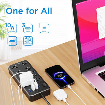 10 Outlets Power Strip 4Ft Cord,Surge Protector,With 4 USB Ports,Black,2 Pack