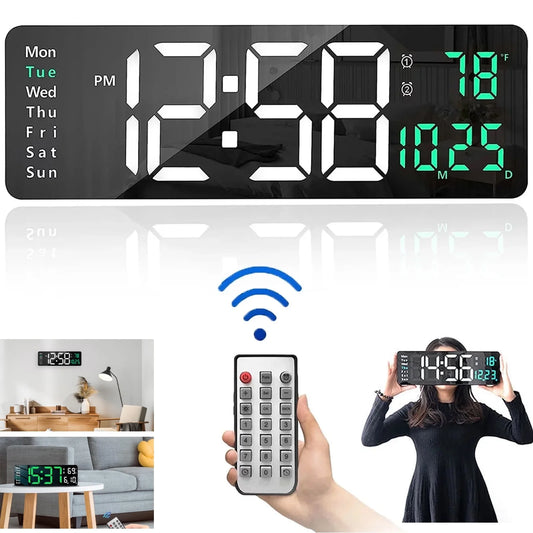 Large Digital Wall Clock with Remote Control, 16.2 Inch LED Digital Clock for Home Living Room Decor, Automatic Brightness Dimmer with Date Week Temperature