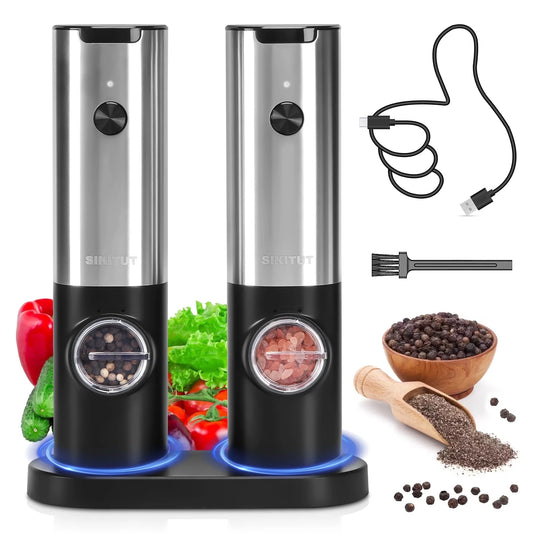 Electric Salt and Pepper Grinder Set with Type-C Charging Base, Automatic Pepper Mill Grinder Refillable Set, Rechargeable, Adjustable Coarseness, One Handed Operation, LED Light, 2 Pack