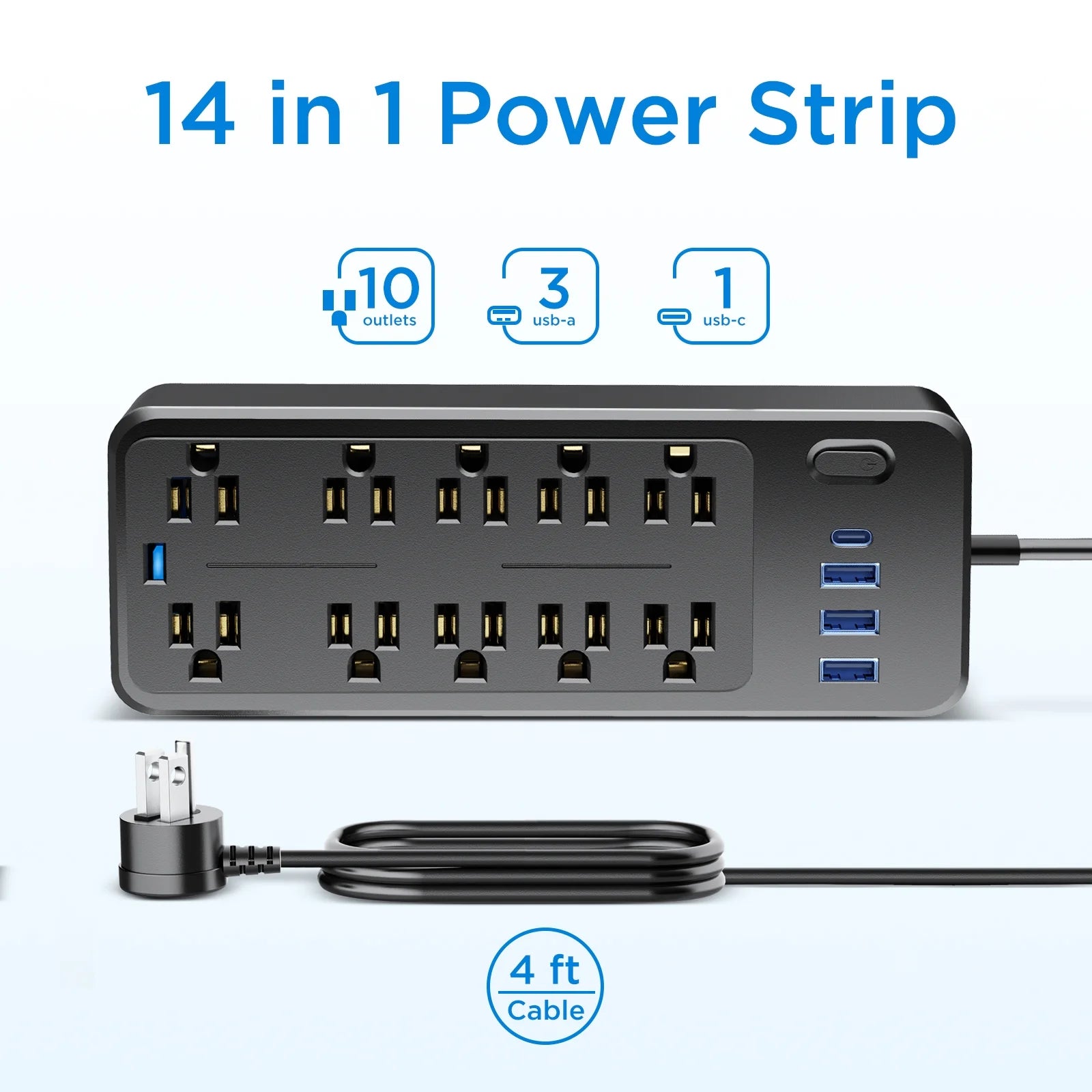 10 Outlets Power Strip 4Ft Cord,Surge Protector,With 4 USB Ports,Black,2 Pack